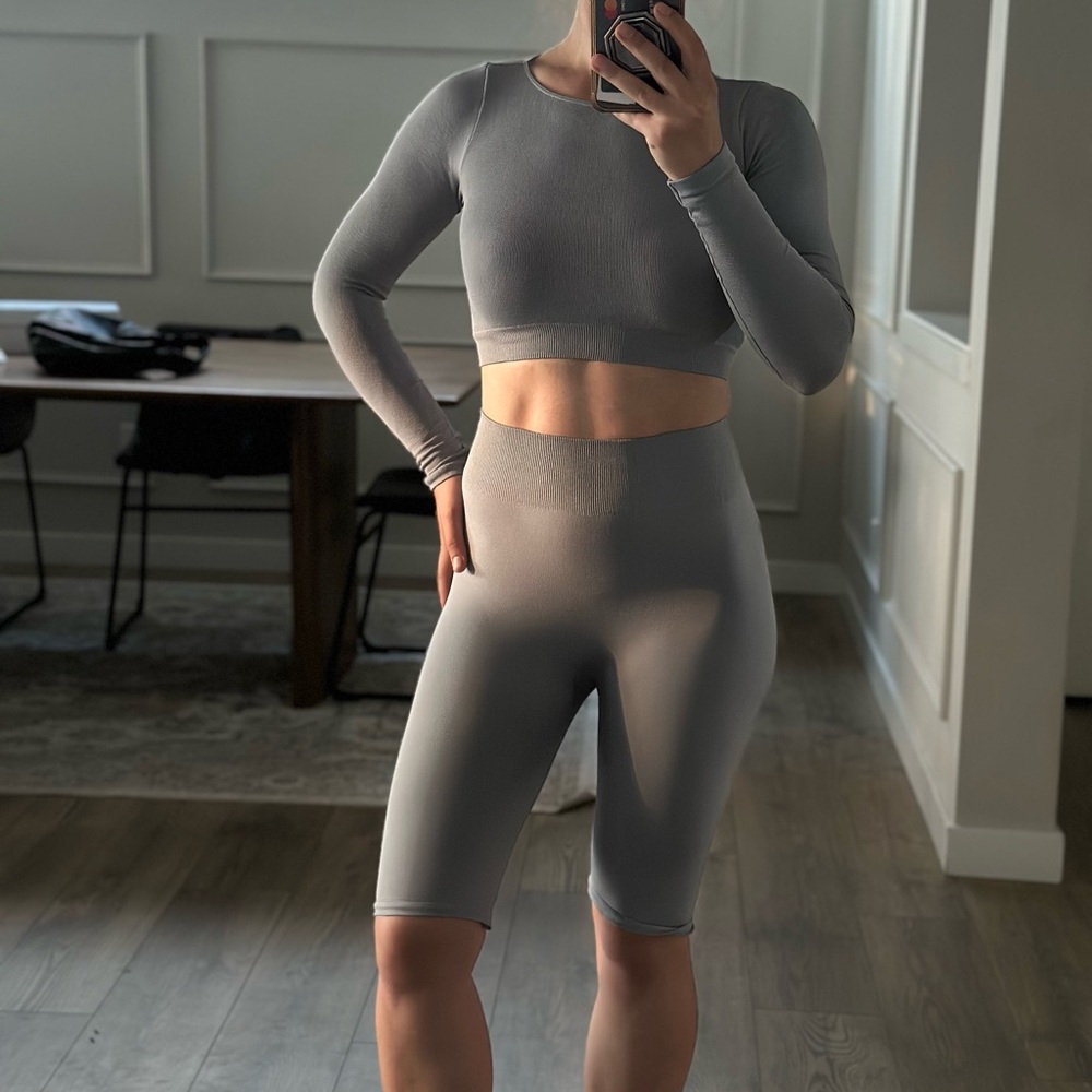 Gray Women's Bike Shorts + Long Sleeve Top Set